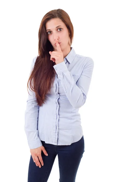 Bella giovane donna che chiede silenzio, isolata su bianco — Foto Stock