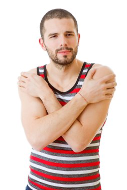 casual adam beyaz zemin üzerine izole mutlu