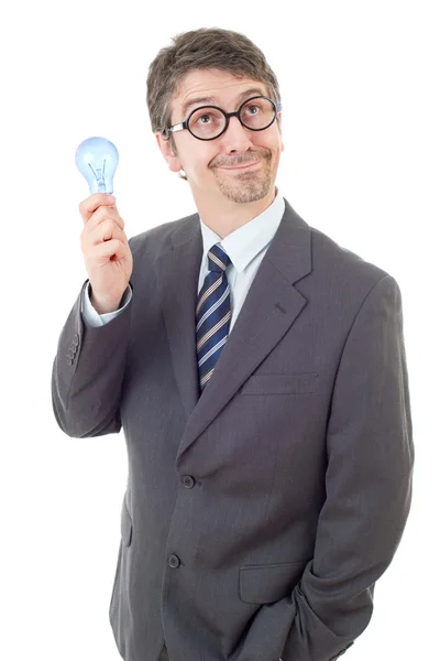 Dum affärsman med en lampa som isolerad på vit — Stockfoto