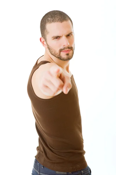 Casual homem apontando com o dedo, isolado em branco — Fotografia de Stock