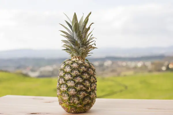 Frutta fresca all'ananas su un tavolo di legno, all'aperto — Foto Stock