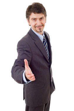 Elini izole sunan takım elbiseli genç adam