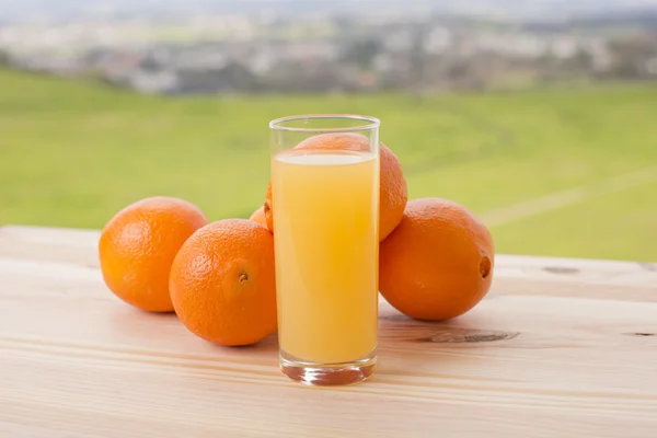 庭のテーブルの上においしいオレンジジュースとオレンジのガラス — ストック写真