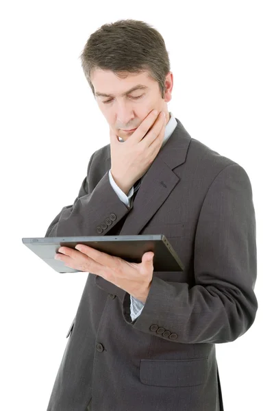 Biznesmen z komputera typu tablet, na białym tle — Zdjęcie stockowe