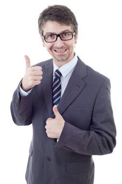 Yaşasın, izole üzerinde beyaz olacak genç iş adamı