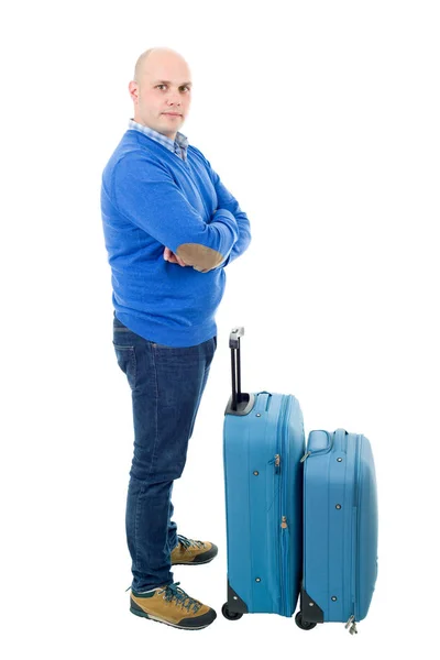 白い背景で隔離の荷物を持った若い男の完全な長さ — ストック写真