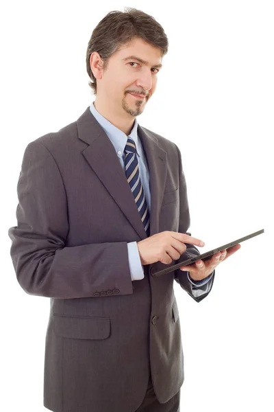 Młody biznesmen z komputera typu tablet, na białym tle — Zdjęcie stockowe