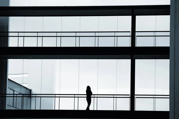 Siluett bild av ung affärskvinna i en modern kontorsbyggnad — Stockfoto