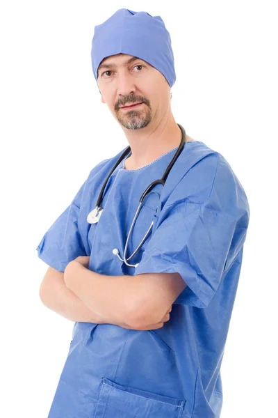 Lächelnder Krankenhausarzt isoliert vor weißem Hintergrund — Stockfoto