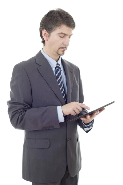 Joven hombre de negocios con una tableta PC, aislado — Foto de Stock