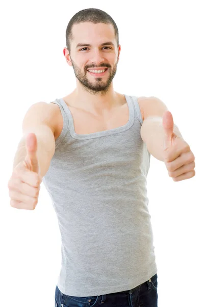 Випадковий чоловік піднімається на великі пальці, ізольований на білому тлі — стокове фото