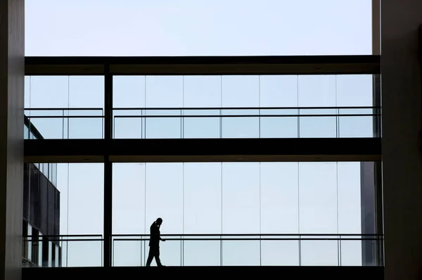 Vista silhueta de uma jovem empresária num moderno edifício de escritórios interior — Fotografia de Stock