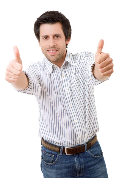 Young casual man going thumbs up, isolated on white background — Stock Photo, Image