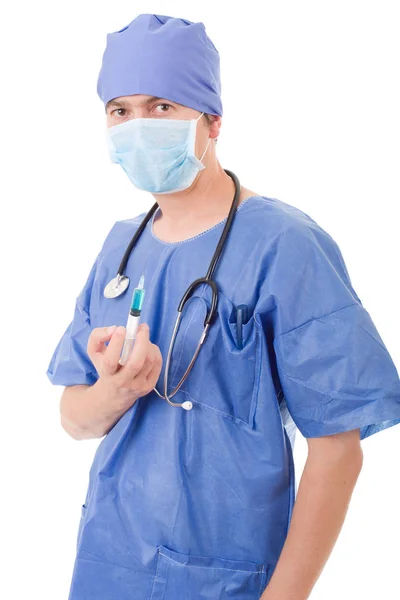 Больничный врач со шприцем, изолированным на белом фоне — стоковое фото
