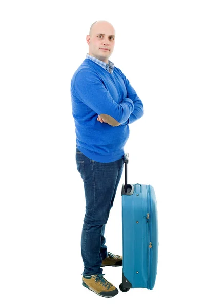 Voller Länge junger Mann mit Gepäck isoliert auf weiß — Stockfoto