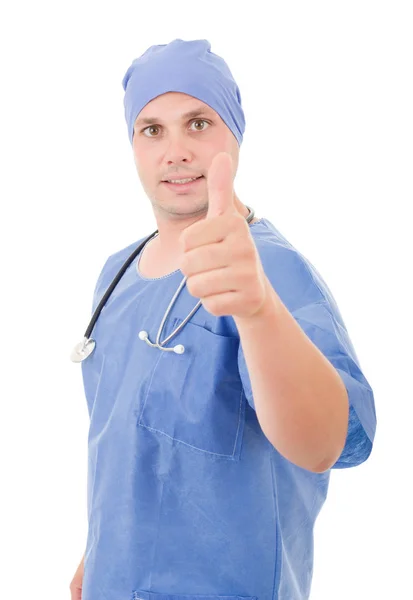 Счастливый мужчина-врач показывает большие пальцы вверх, изолирован — стоковое фото