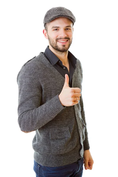 Casual jongeman gaat duim omhoog, geïsoleerde op witte achtergrond — Stockfoto