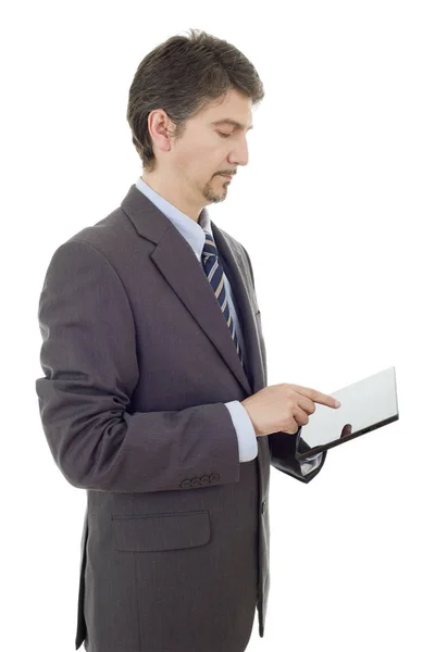 Empresário pensando com um tablet pc, isolado — Fotografia de Stock