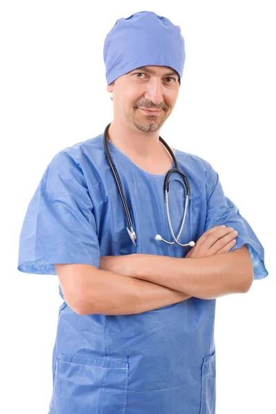 Happy male doctor, isolated on white background — Stock Photo, Image