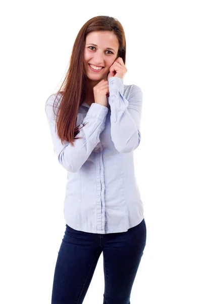 Joven mujer hermosa casual, aislado en blanco — Foto de Stock