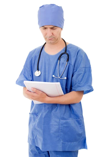医生与他的笔记，在白色的背景分离的思考 — 图库照片
