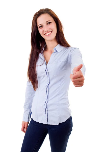 Portrait of cute teen girl showing thumbs up, isolated on white background — Stock Photo, Image