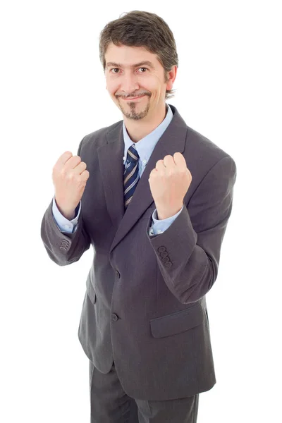 Young business man winning, isolated on white — Stock Photo, Image