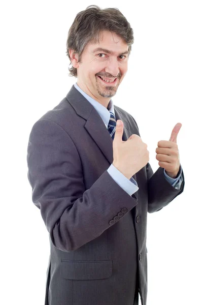 Üzleti ember megy a hüvelykujjával felfelé, elszigetelt, a fehér — Stock Fotó