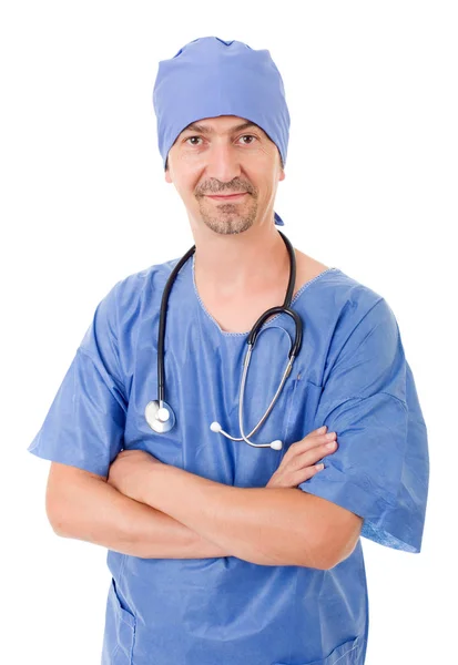 Médico do hospital sorridente isolado sobre fundo branco — Fotografia de Stock