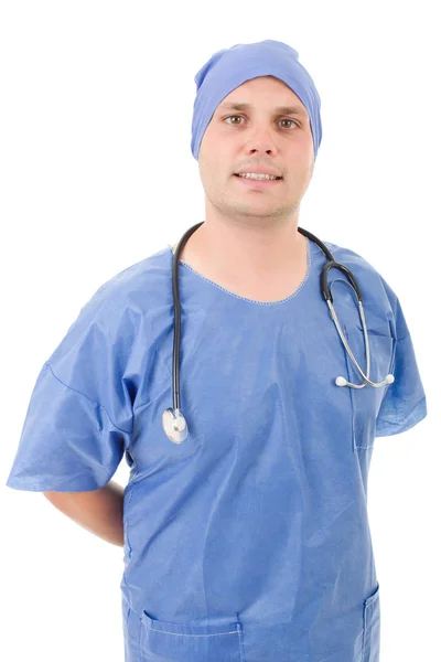 Улыбающийся врач госпиталя изолирован на белом фоне — стоковое фото