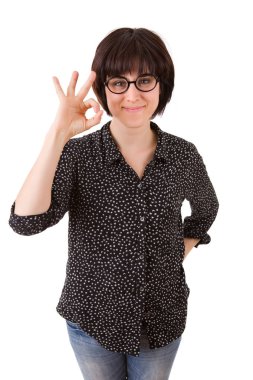 kazanan, üzerinde beyaz izole mutlu bir genç kadın