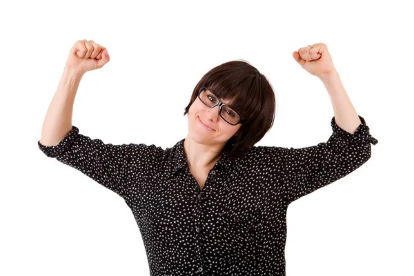 Happy young woman winning, isolated on white — Stock Photo, Image