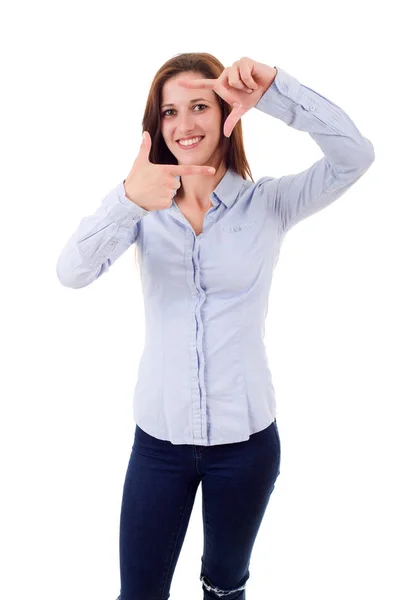 Ung kvinna att göra inramning nyckel gest, isolerad på vit — Stockfoto