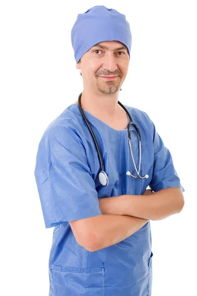 Boldog férfi orvos, elszigetelt fehér háttér — Stock Fotó