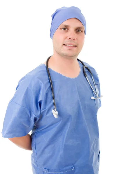 Boldog férfi orvos, elszigetelt fehér háttér — Stock Fotó