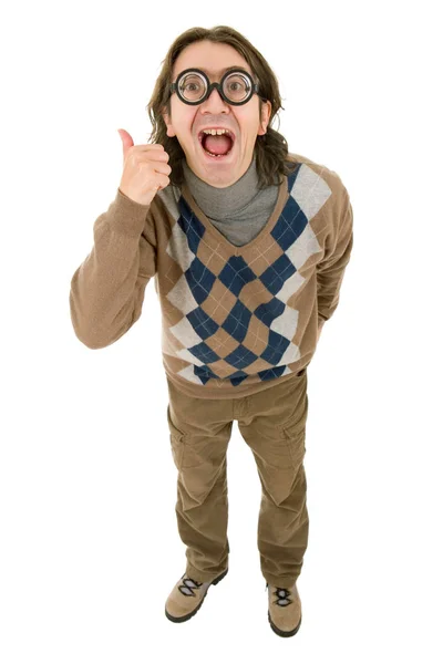 Geek silly man full length going thumb up, isolated — Stock Photo, Image