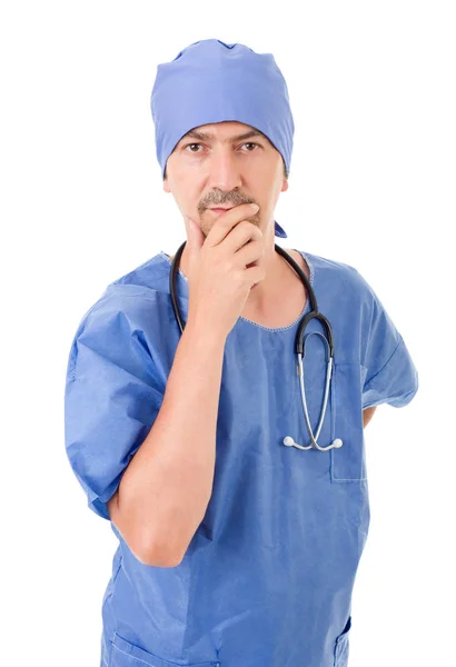 Medico pensando con i suoi appunti, isolato su sfondo bianco — Foto Stock