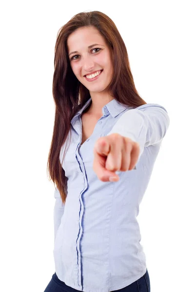 Young happy beautiful woman pointing, isolated in white — Stock Photo, Image