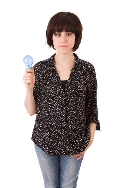 Vrouw met energie lamp, geïsoleerd op wit — Stockfoto