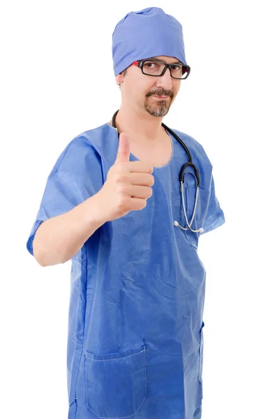 Feliz doctor masculino mostrando pulgares hacia arriba, aislado —  Fotos de Stock