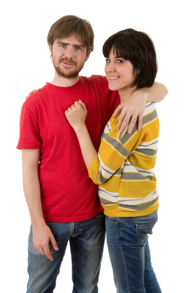 Pareja casual joven juntos, aislados sobre fondo blanco — Foto de Stock