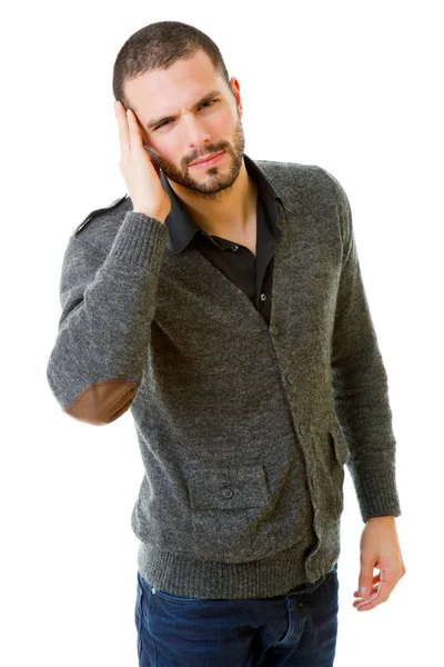 Jovem homem casual com uma dor de cabeça, isolado em branco — Fotografia de Stock