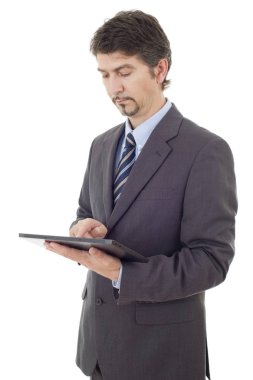 iş adamı izole tablet pc ile düşünme