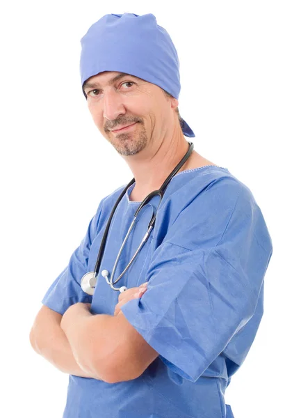 Gelukkig man dokter, geïsoleerd op witte achtergrond — Stockfoto