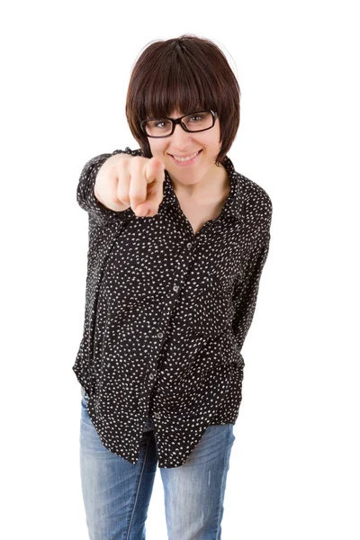 Young happy beautiful woman pointing, isolated in white — Stock Photo, Image