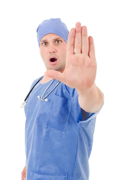 Mannelijke arts gaan stoppen met zijn hand, geïsoleerd — Stockfoto