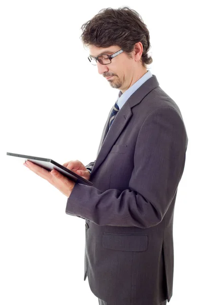 Бизнесмен, использующий тачпад планшетного компьютера, изолирован — стоковое фото