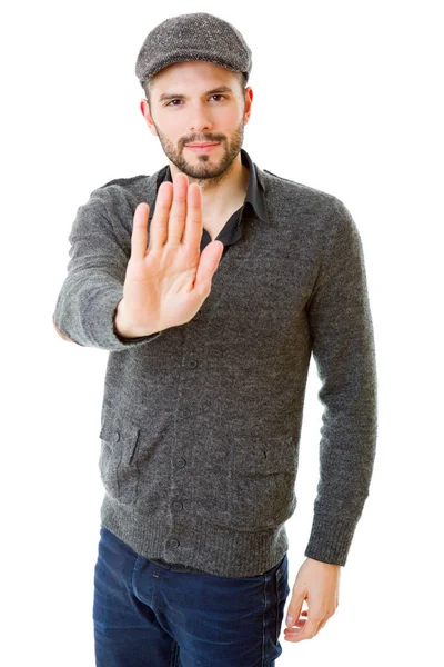 Junger Mann macht mit der Hand Halt, isoliert — Stockfoto