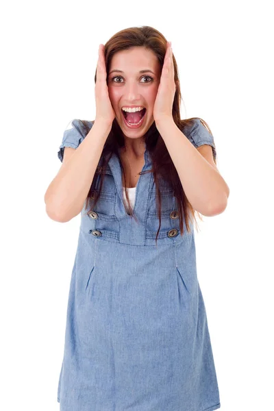 Verrast jonge vrouw geïsoleerd op witte achtergrond — Stockfoto