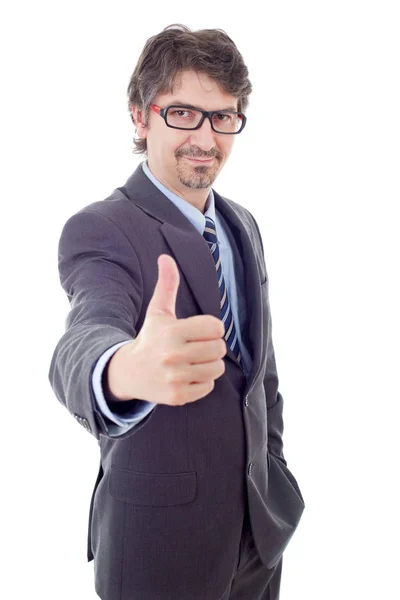 Hombre de negocios va pulgar hacia arriba, aislado en blanco — Foto de Stock